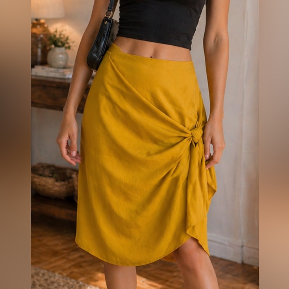 Zara Mustard Knot-Side Midi Skirt